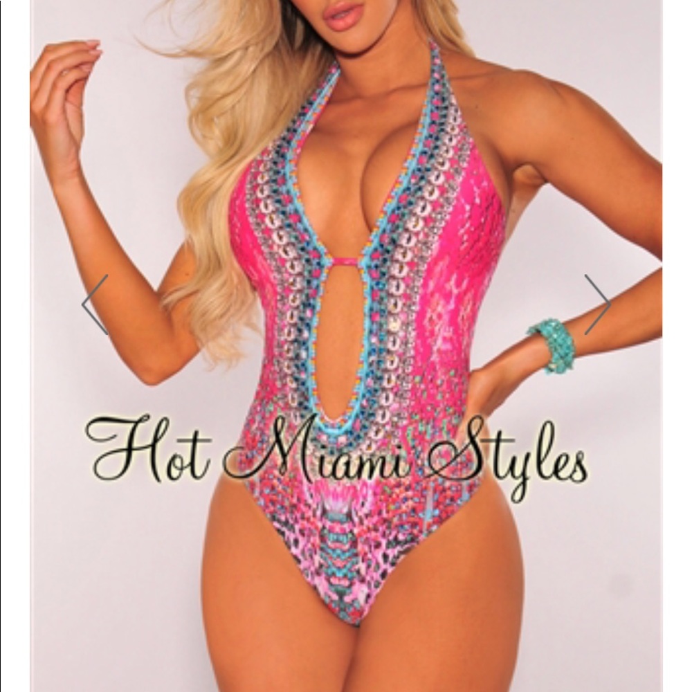 Pink Coral Marble Embellished Padded Swimsuit